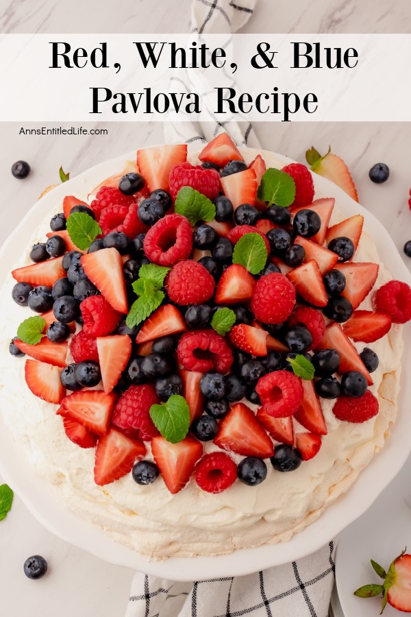 overhead view of a whole of red, white, and blue pavlova on a white plate