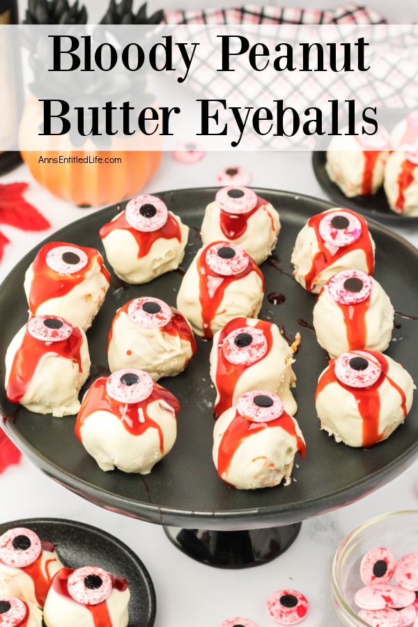 side view of several cake plates filled with no-bake peanut butter eyeballs laid out