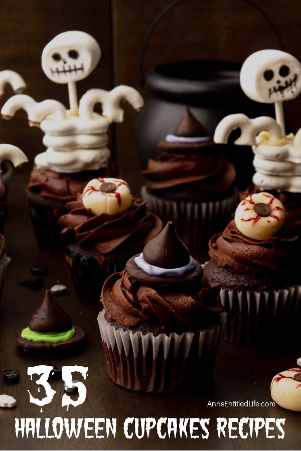 Halloween cupcakes: witch hat, skeleton, eyeball, against a black background.
