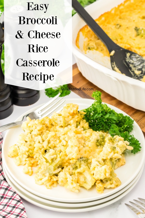 On top of white place mat sits a stack of three white dishes is a serving of broccoli cheese rice casserole. There is greenery next to it. In the upper right is the white casserole dish the serving was removed from. In the upper left is a dark salt and pepper shaker.