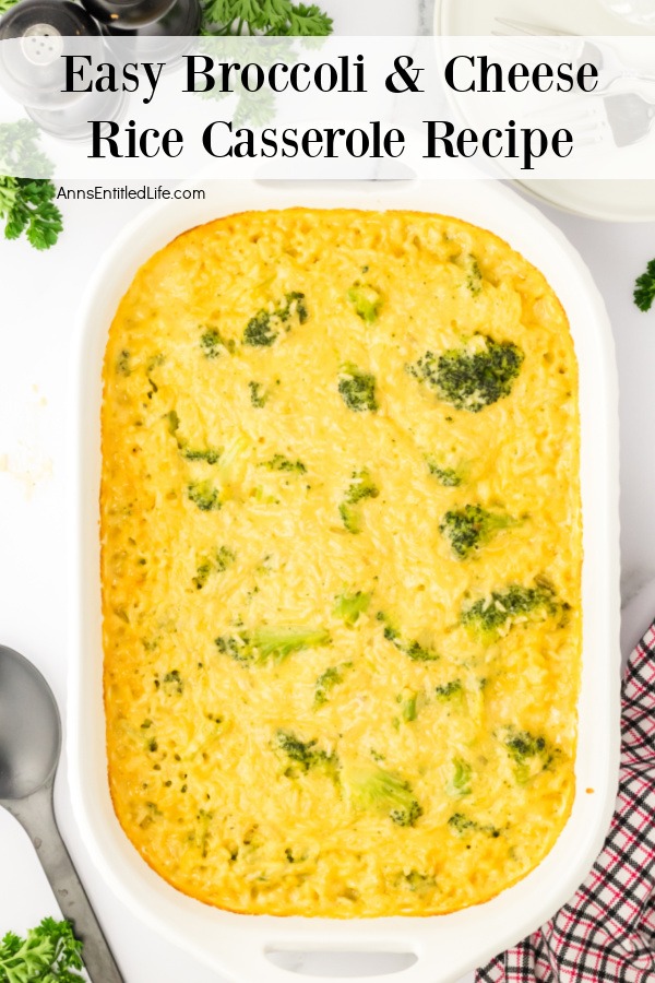an overhead view of a broccoli cheese rice casserole that was baked in a white casserole dish