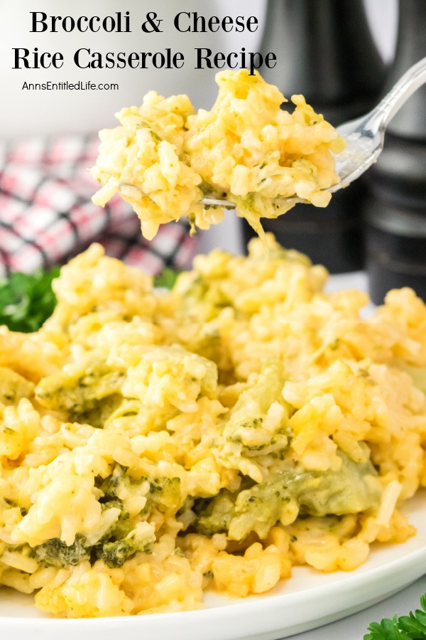 a forkful of broccoli cheese rice casserole is being lifted from the plate below