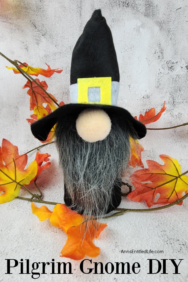 Homemade gnome pilgrim with autumn leaves surrounding it