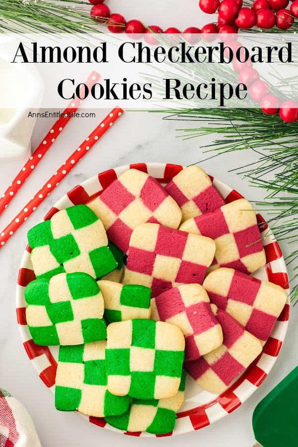 an overhead view of a plate of red and white and green and white checkerboard cookies.