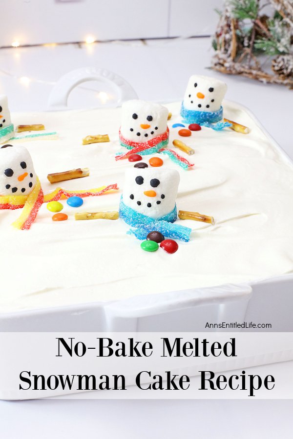 close-up of a pan of melted snowman on a lush cake
