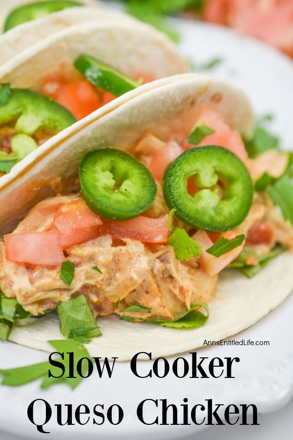 Close up of a slow cooker queso chicken taco.