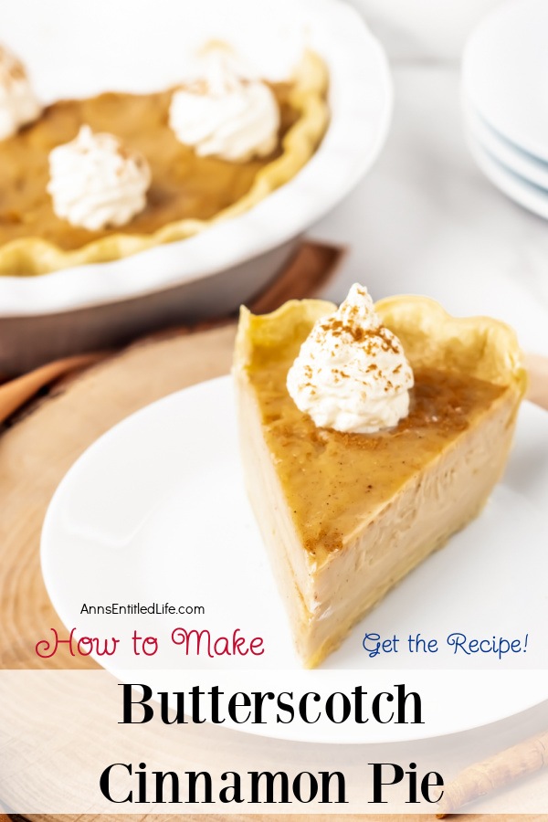 overhead view of a slice of butterscotch cinnamon pie on a white plate, the rest of the pie is in the upper left