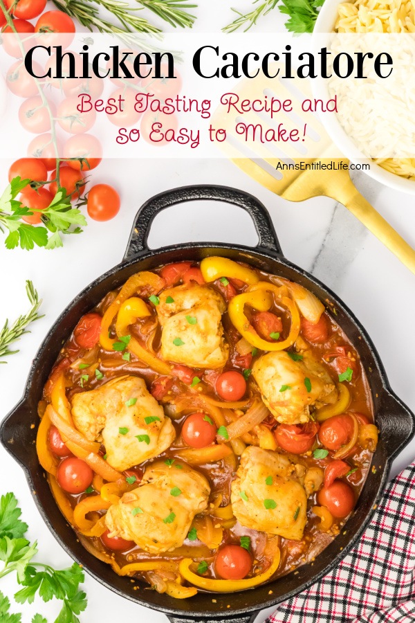 An overhead view of a skillet filled with chicken cacciatore. There are tomatoes in the upper left, a plate of orzo in the upper right.