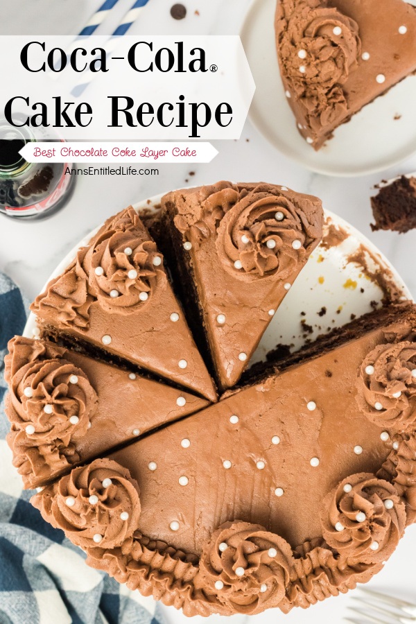 overhead view of a coca-cola cake on a white platter