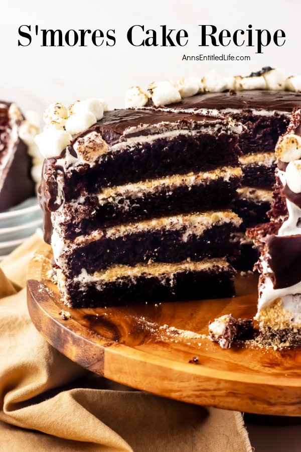 A piece of s'mores cake being lifted from a s'mores cake