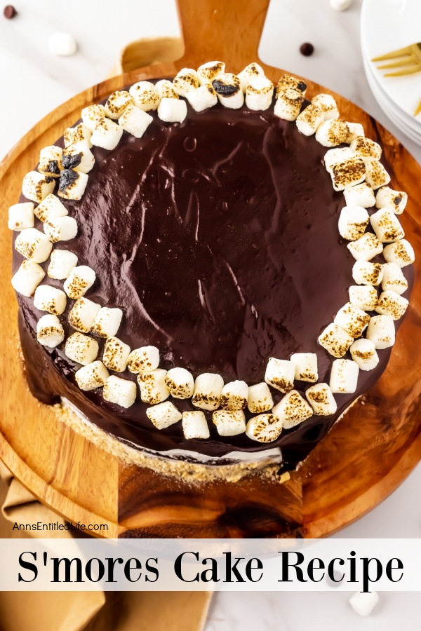 overhead view of a s'mores cake on a wooden serving tray