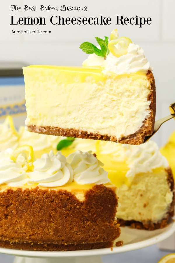 An piece of homemade lemon cheesecake being lifted with a pie server from the lemon cheesecake below.