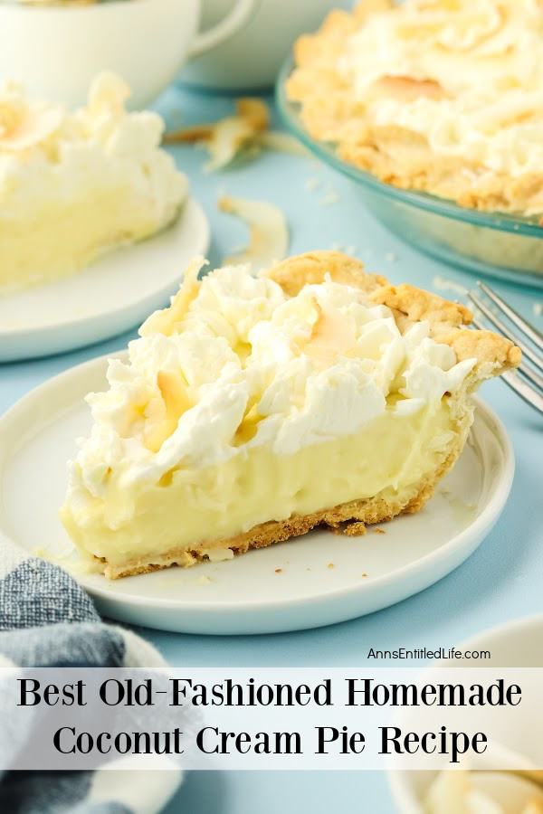 A piece of coconut cream pie on a white plate. A second piece is partially shown in the upper left, the rest of the pie is shown in the upper right.