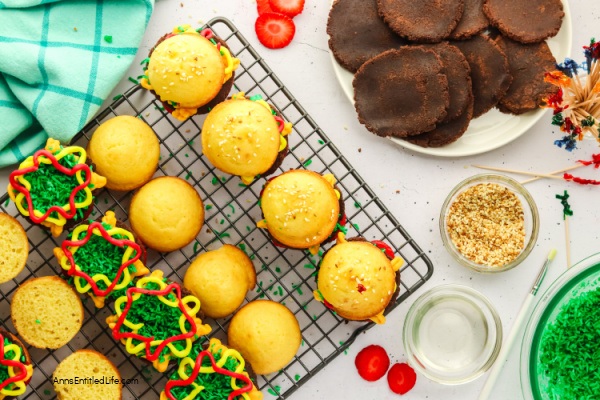 Hamburger Cupcakes Recipe | Easy How to Make Directions. These cupcakes that look like hamburgers are absolutely adorable and surprisingly easy to make. Soft, pillowy, golden cupcakes, baked to perfection, filled with brownies, coconut, fresh strawberries and frosting. These hamburger cupcakes are a perfect addition for any get-together.