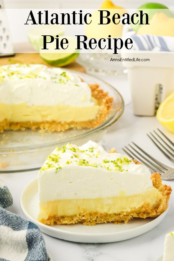 A piece of Atlantic Beach pie on a white plate. The rest of the pie in shown in the upper left.
