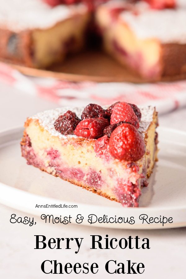 A piece of berry ricotta cheese cake on a white plate