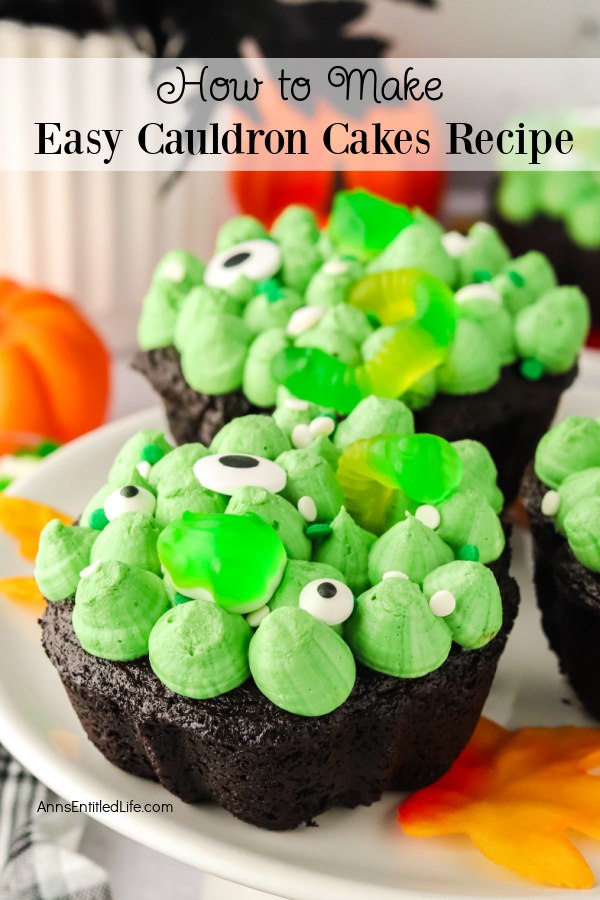 Close up of two cauldron cakes on a wire rack.