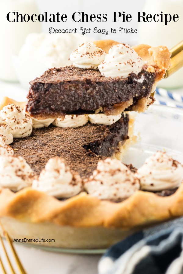 A piece of chocolate chess pie is being lifted on a gold pie server from the pie below.