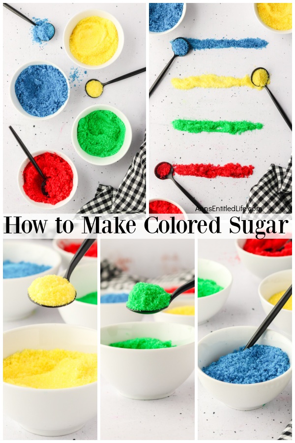 a collage of colored sugar on kelly roll trays, the  colored sugars are in white bowls below.