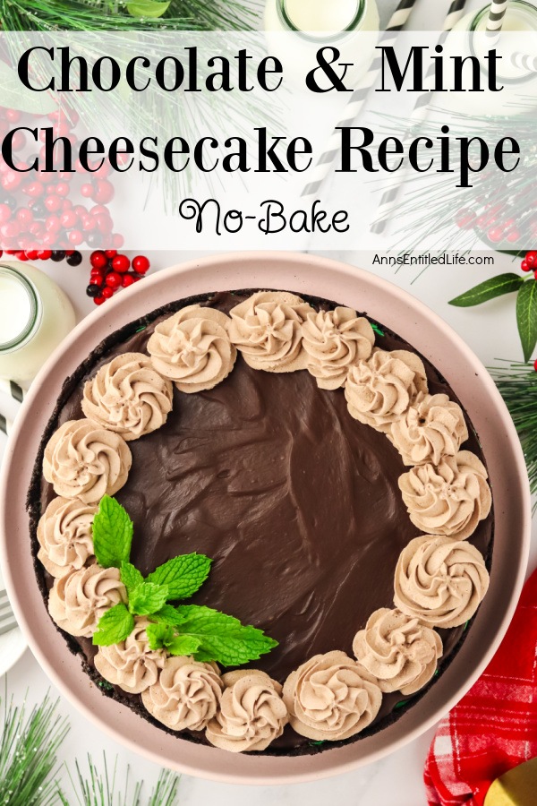 Overhead image of a chocolate and mint cheesecake on a beige serving platter