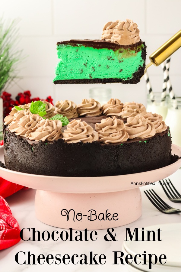 A slice of no-bake chocolate and mint cheesecake is being lifted on a gold cake server from the beige serving platter below.
