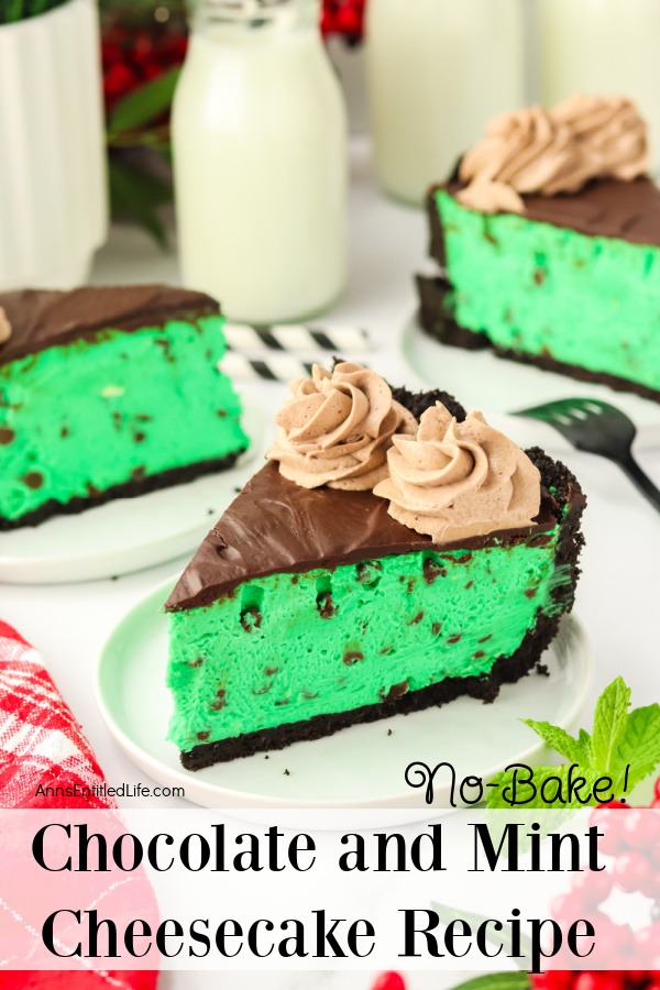 A slice of no-bake chocolate and mint cheesecake is ser on a white plate. There is a second piece in the upper left, the rest of the cheesecake is in the upper right. There is a jug of milk between the two.