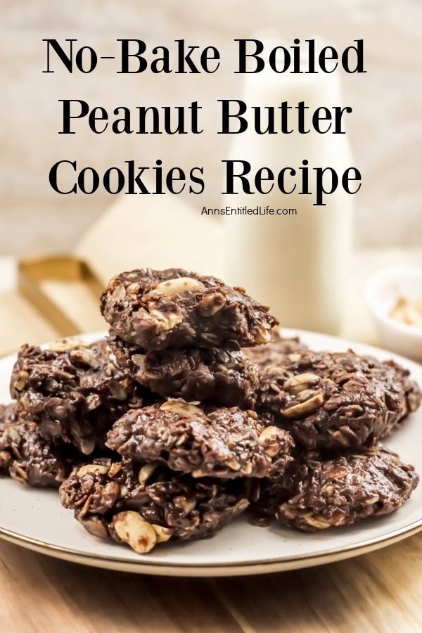 Side view of a white plate filled with no-bake boiled peanut butter cookies, the top cookie is broken open to show the inside.