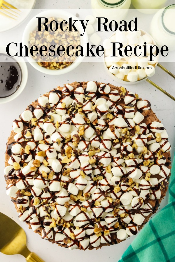 overhead view of a whole no-bake rocky road cheesecake