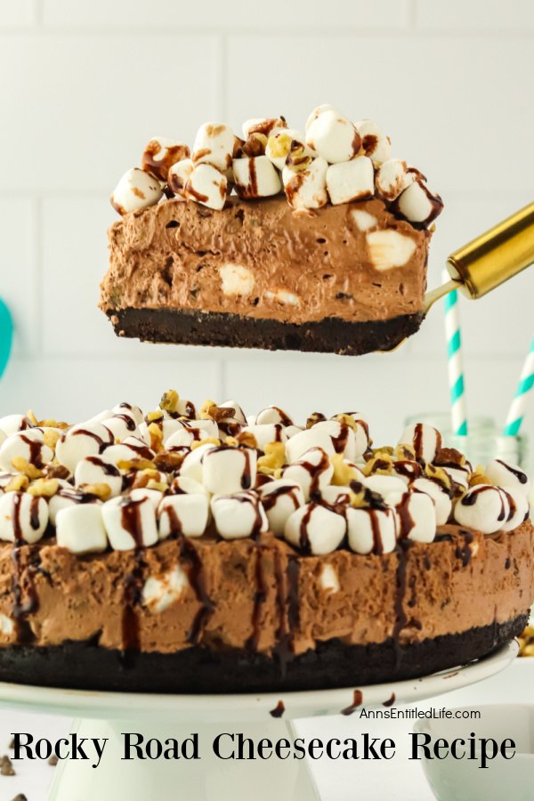 A piece of no-bake rocky road cheesecake is being lifted from the cheesecake below