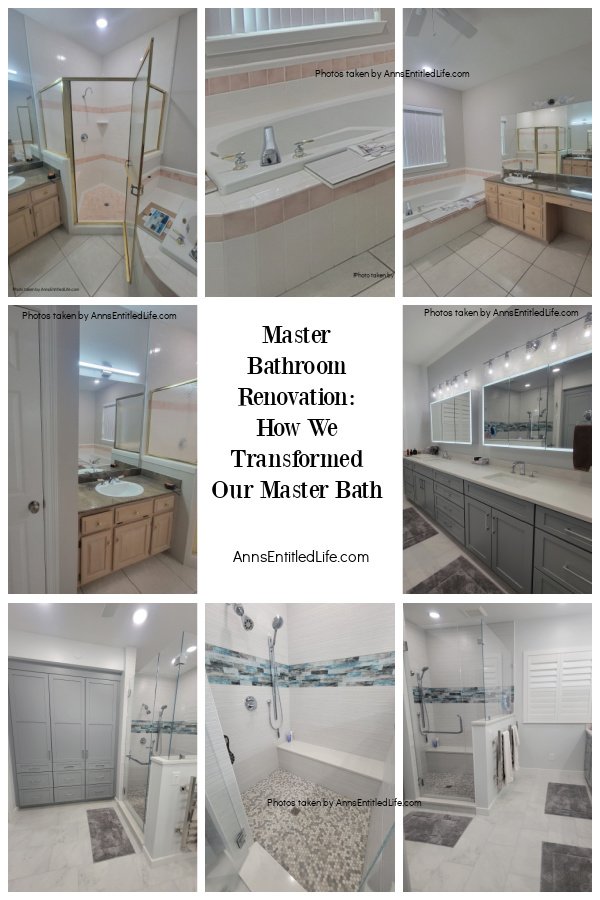 Master Bathroom Renovation: How We Transformed Our Master Bath a collage of an old pink bathroom and the remodeled bathroom that came after the gut