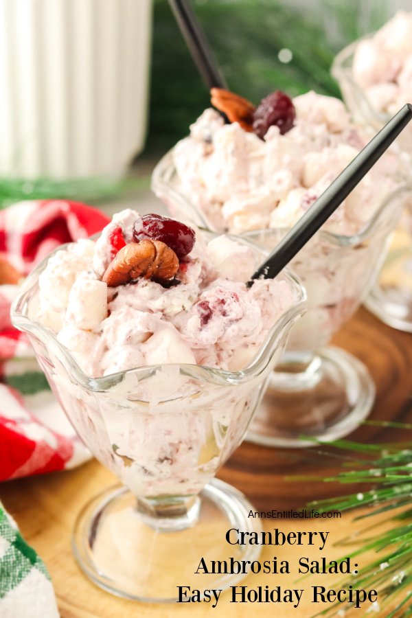 Cranberry Ambrosia Salad: Easy Holiday Recipe Two parfait glasses filled with cranberry ambrosia salad set on top of a wooden charger.