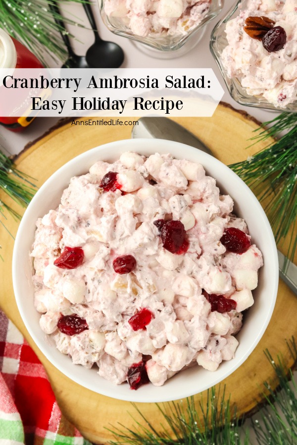 Cranberry Ambrosia Salad: Easy Holiday Recipe An overhead view of a white bowl filled with cranberry ambrosia salad set on top of a wooden charger. There is holiday decorations in the upper portion of the image.