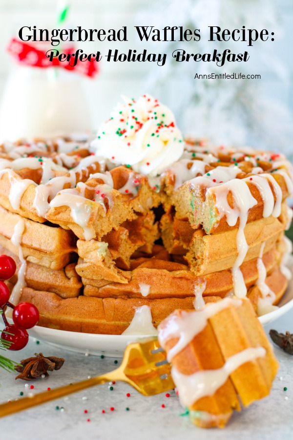 Gingerbread Waffles Recipe: Perfect Holiday Breakfast A stack of gingerbread waffles on a white plate, a forkful has been removed to show the interior of the waffles.