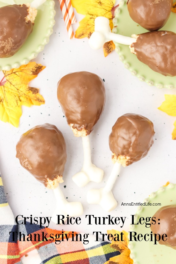 Three rice crispy cereal turkey legs on a white background. There are three green plates with more rice crispy cereal turkey legs surrounding it.