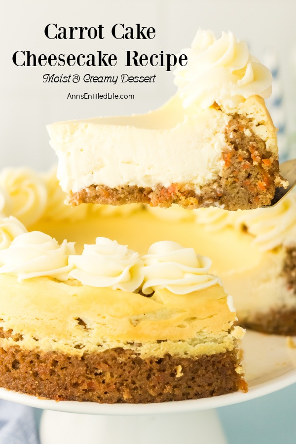 An side view of a piece of carrot cake cheesecake being lifted from the whole cheesecake below