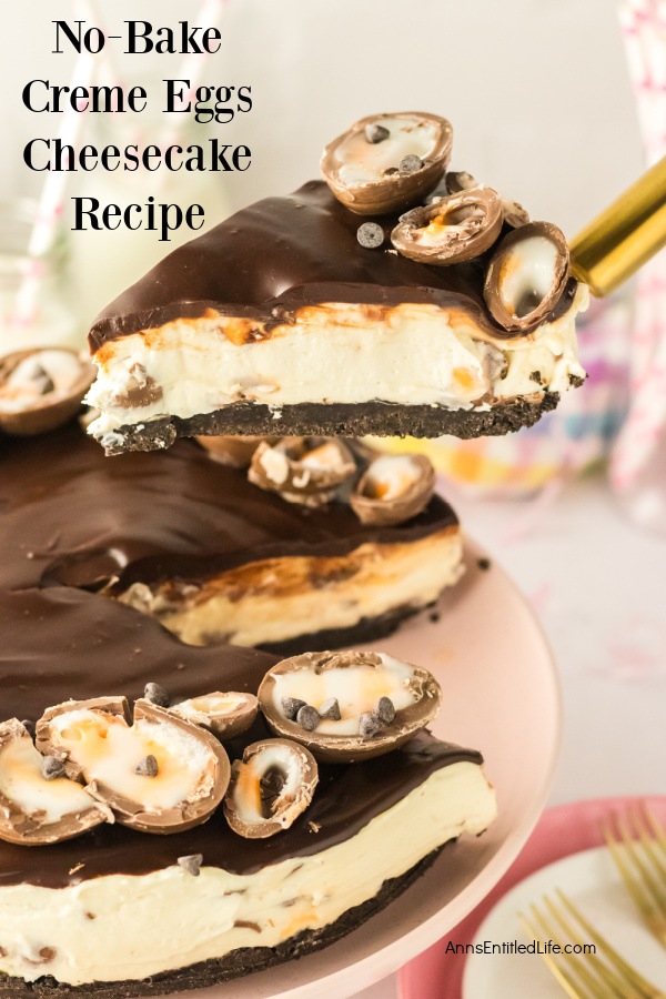 No-Bake Creme Eggs Cheesecake Recipe A piece of creme egg cheesecake is being lifted from the whole cheesecake below