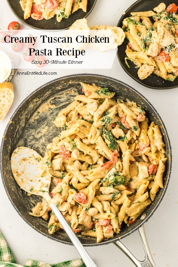 A skillet filled with Tuscan chicken pasta with two servings removed and a spoon in the pan. The two plates of the pasta are in the upper part of the image.