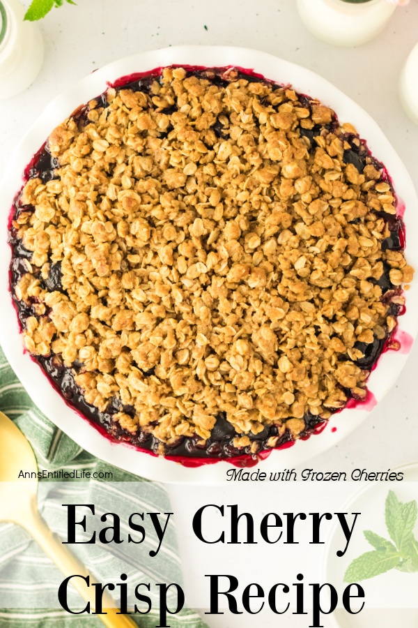 Overhead image of a baked cherry crisy in a white pan