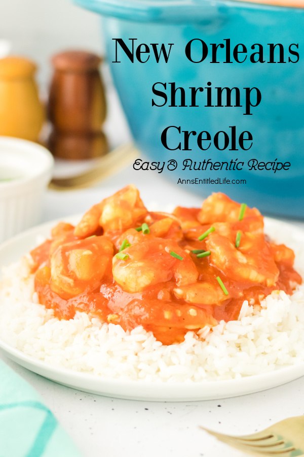 A serving of shrimp creole on a bed of white rice on a white plate. Salt and pepper shakers in the upper left, blue pot in upper right.