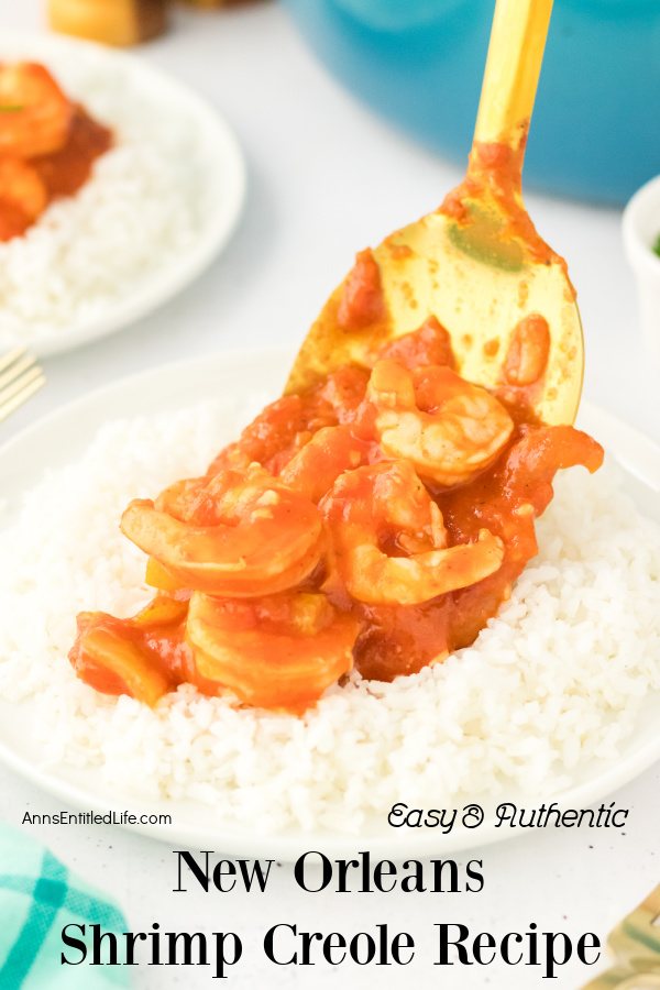 A spoonful of shrimp creole is being placed upon a bed of white rice. An already served plate is in the upper left, the blue pot is in the upper right.