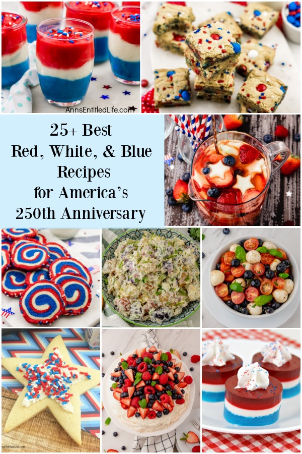 Collage of festive red, white, and blue recipe photos