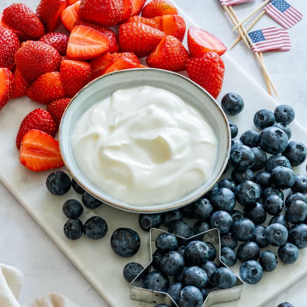 Easy Red, White, and Blue Yogurt Fruit Dip Recipe – creamy, colorful, and perfect for summer! Pair with fresh berries and fruit for a festive 4th of July snack.